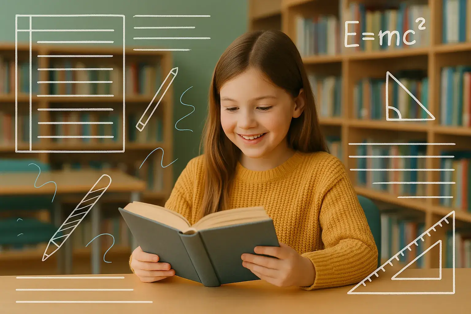 Девочка читает книгу в библиотеке с графикой страниц