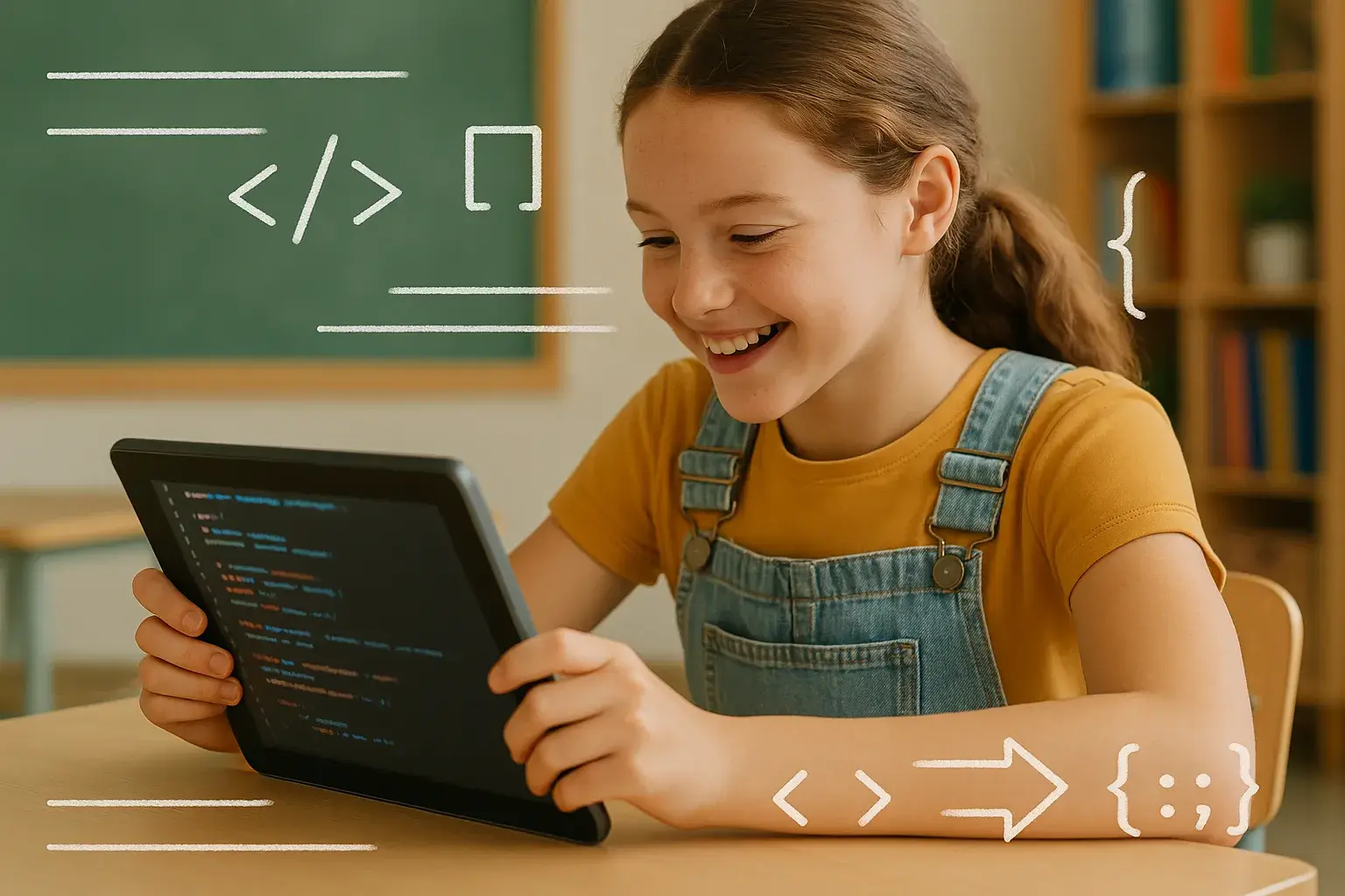 Девочка смотрит на планшет с наложенным кодом