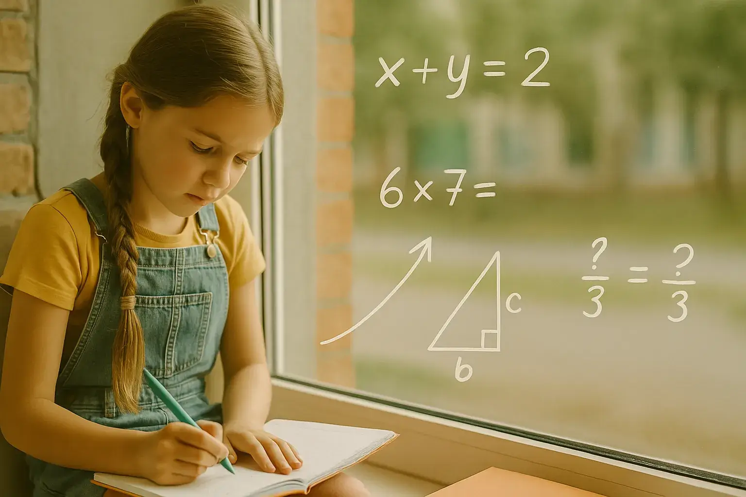 Школьница пишет в тетради у окна с наложенной графикой