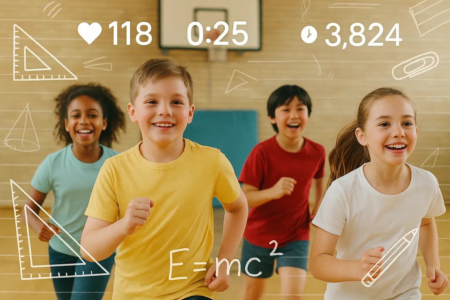 Ученики в спортзале с наложенными показателями активности