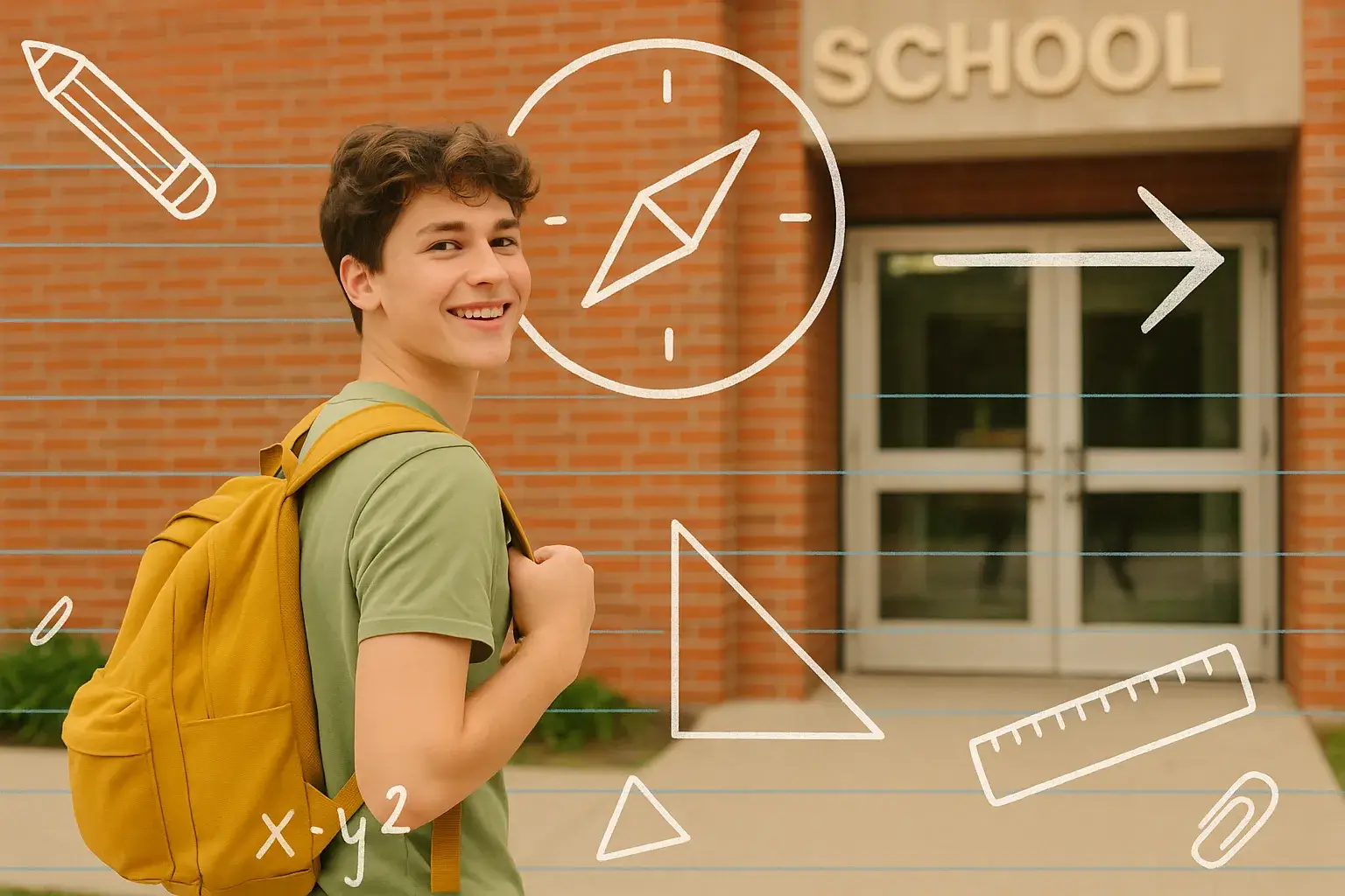 Подросток у школы с наложенной графикой компаса и стрелки