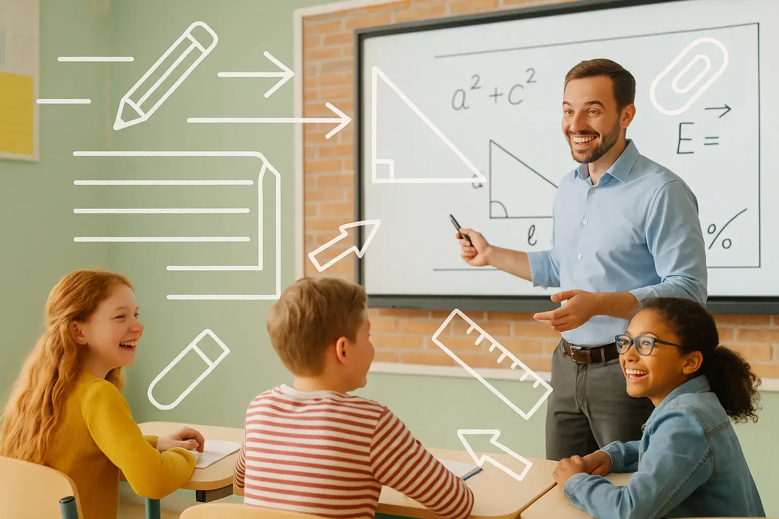 Учитель у интерактивной доски с наложенными иконками и стрелками